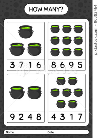 How many counting game with cauldron. worksheet for preschool kids, kids activity sheet How many counting game with cauldron. worksheet for preschool kids, kids activity sheet 90382464
