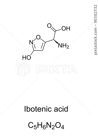 Ibotenic acid, fly agaric poison, chemical formula and structure. Referred to as ibotenate, a chemical compound and psychoactive drug, naturally occuring in fly amanita mushrooms, Amanita muscaria. Ibotenic acid, fly agaric poison, chemical formula and structure. Referred to as ibotenate, a chemical compound and psychoactive drug, naturally occuring in fly amanita mushrooms, Amanita muscaria. 90382532