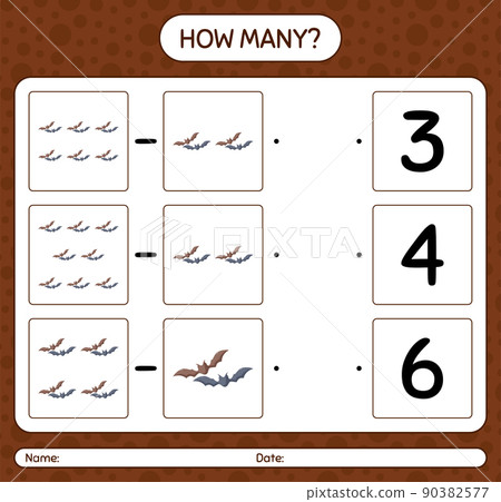 How many counting game with bat. worksheet for preschool kids, kids activity sheet 90382577