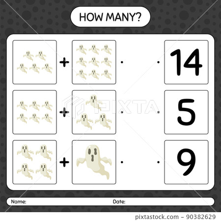 How many counting game with ghost. worksheet for preschool kids, kids activity sheet 90382629