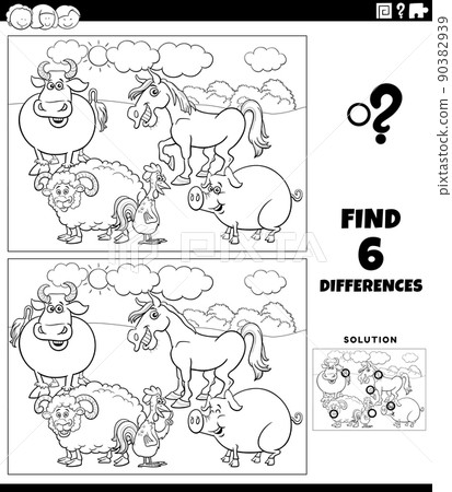 differences game with cartoon farm animals... - Stock Illustration ...