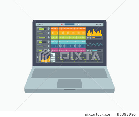 A notebook with a fictional application for creating, production  and mixing music. 90382986