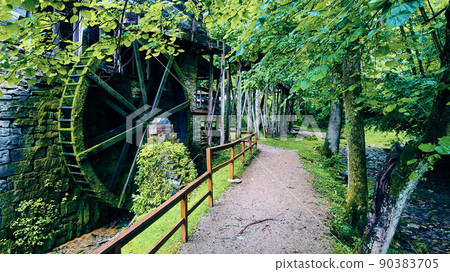 Walking path by water mill in the forest 90383705