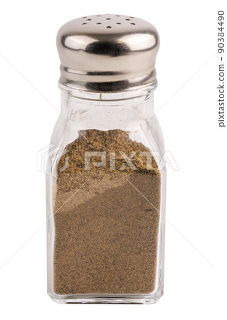 glass pepper pot with ground black pepper isolated on white background glass pepper pot with ground black pepper isolated on white background 90384490