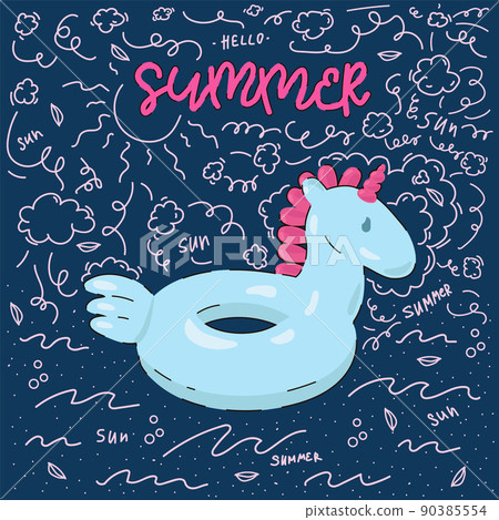 Cartoon swimming ring. Rubber lifebuoy, unicorn. Cute postcard with a toy for swimming in the pool. Cartoon swimming ring. Rubber lifebuoy, unicorn. Cute postcard with a toy for swimming in the pool. 90385554