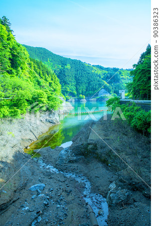 Arima Dam, Lake Naguri, Lakeside, View from Shiratani Bridge, Spring, Fresh green scenery 90386323