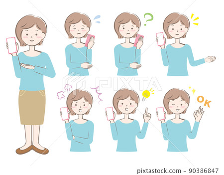 使用智能手機擁有各種面部表情的女性全身上身變化 使用智能手機擁有各種面部表情的女性全身上身變化 90386847