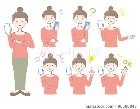 Women with various facial expressions with smartphones Full body upper body variation Women with various facial expressions with smartphones Full body upper body variation 90386848
