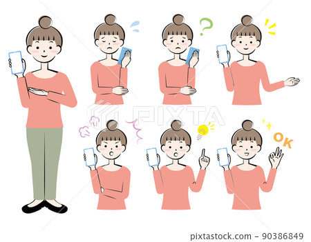 Women with various facial expressions with smartphones Full body upper body variation Women with various facial expressions with smartphones Full body upper body variation 90386849
