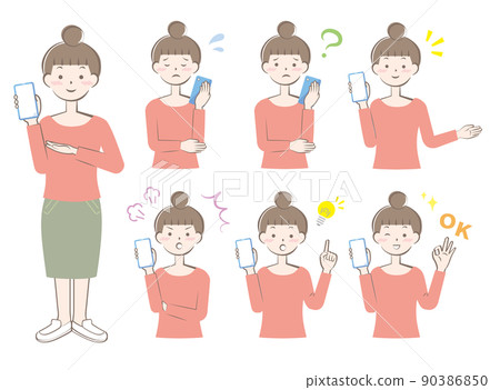Women with various facial expressions with smartphones Full body upper body variation Women with various facial expressions with smartphones Full body upper body variation 90386850