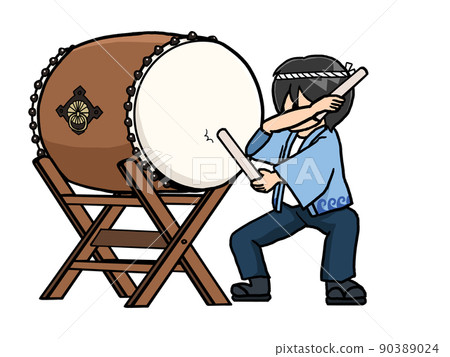 Illustration of a man hitting a Japanese drum 90389024