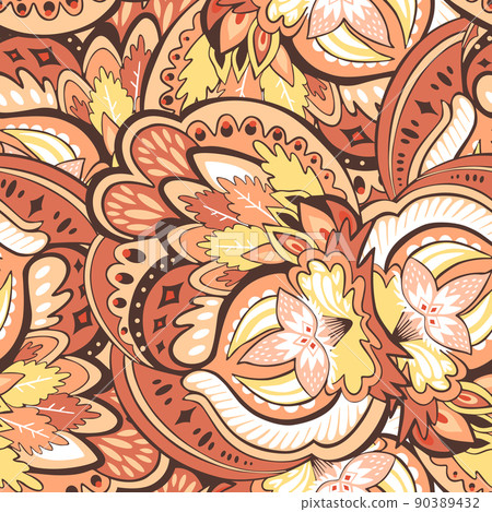 Seamless pattern with floral and plants element in psychedelic funky style in pastel colors 90389432