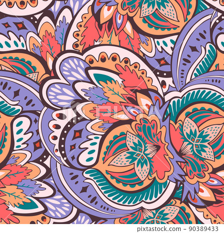 Seamless pattern with floral and plants element in psychedelic funky style in pastel colors Seamless pattern with floral and plants element in psychedelic funky style in pastel colors 90389433