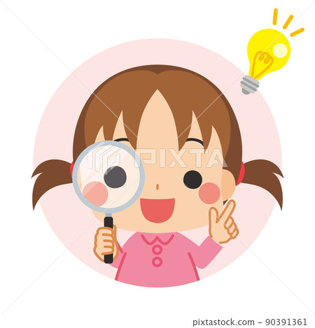 一個可愛的女孩的插圖，她用放大鏡發現了一些東西，並受到圖標頭像白色背景矢量的啟發 90391361