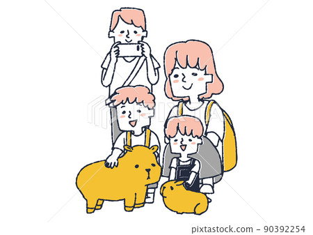 兒童和父母在動物園看小動物（水豚） 可笑的手寫人矢量，溫暖 90392254