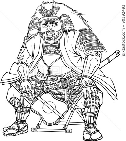 Shingen Takeda sitting on the floor with a gunbai [line drawing] 90392493