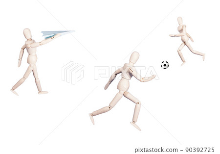 Three mannequins are playing. These are flying paper planes, running, playing soccer. 90392725