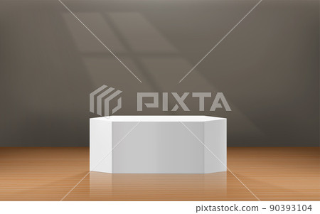 Wooden empty interior mockup with podium and sunlight effect. Template for design. Vector 3d illustration 90393104