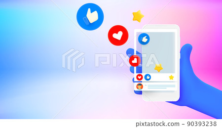 Social media post with reactions on smartphone screen. 3d vector banner with copy space Social media post with reactions on smartphone screen. 3d vector banner with copy space 90393238