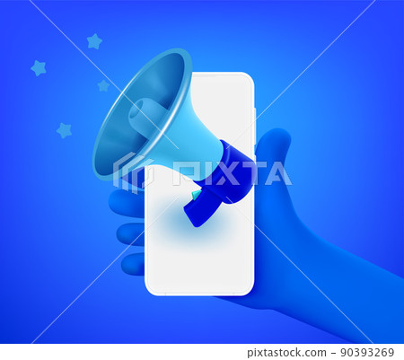 Comic hand with smartphone and loudspeaker. 3d vector illustration Comic hand with smartphone and loudspeaker. 3d vector illustration 90393269