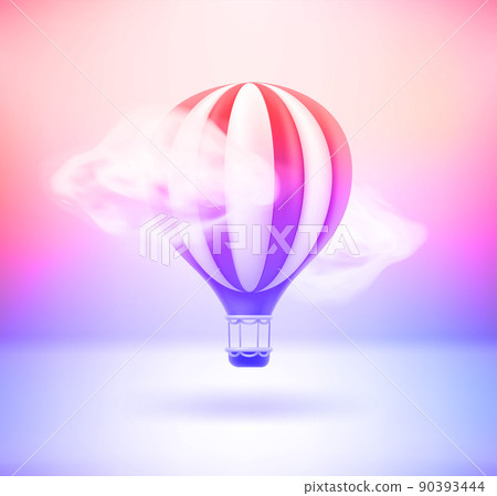 Air balloon and clouds with holographic effect. 3d vector illustration Air balloon and clouds with holographic effect. 3d vector illustration 90393444