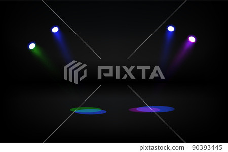 Illuminated dark stage with colorful projectors Illuminated dark stage with colorful projectors 90393445