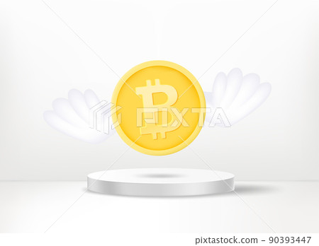 Flying bitcoin coins with the wings above the stage. 3d vector concept Flying bitcoin coins with the wings above the stage. 3d vector concept 90393447
