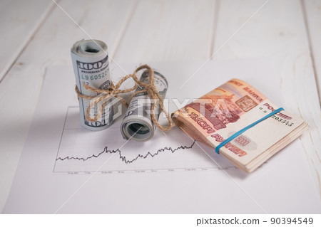 Close-up of a stack of hundred-dollar bills and five thousand rubles on a table. 90394549