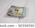 Close-up of a stack of hundred-dollar bills on a light background 90394560