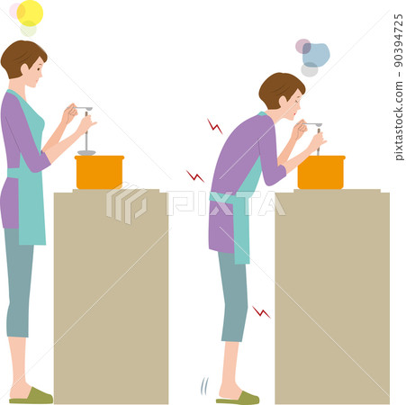 A senior woman who feels bent over in the kitchen chores 90394725