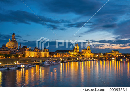 Dresden Germany, night city skyline at Elbe River and Augustus Bridge 90395884