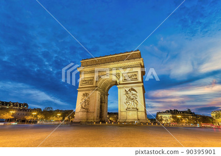Paris France night city skyline at Arc de Triomphe and Champs Elysees 90395901