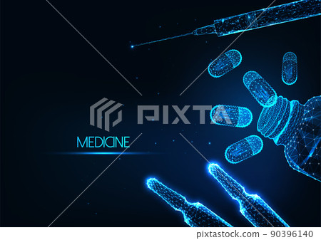 Futuristic medicine, medicament treatment concept with glowing bottle pills, syringe, vial Futuristic medicine, medicament treatment concept with glowing bottle pills, syringe, vial 90396140