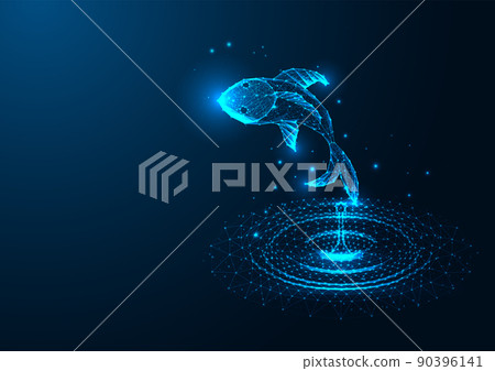 Futuristic fish jumping from water concept in glowing low polygonal style isolated on dark blue  90396141
