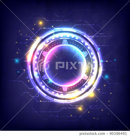 Digital particle of infographic. Futuristic Sci-Fi glowing HUD frame. Circuit board, motherboard and mainboard. Abstract hologram hi-tech background. Virtual reality holographic flare and neon effect Digital particle of infographic. Futuristic Sci-Fi glowing HUD frame. Circuit board, motherboard and mainboard. Abstract hologram hi-tech background. Virtual reality holographic flare and neon effect 90396491