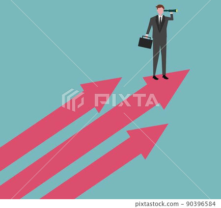 A businessman with a telescope standing on the arrow. Looking to the future Ambition A man in a suit who has a dream and heads for a dream 90396584