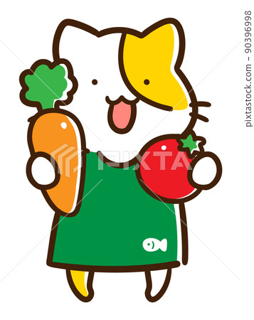 Cute handwritten style illustration of a housewife cat holding vegetables in both hands 90396998