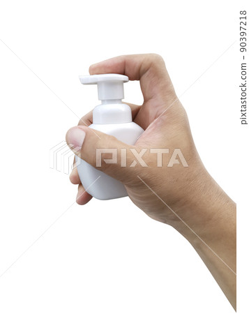 A bottle of liquid soap in hand isolated on white background A bottle of liquid soap in hand isolated on white background 90397218