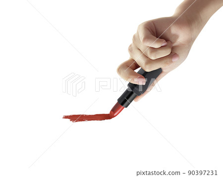 Woman holding lipstick on white background, closeup 90397231
