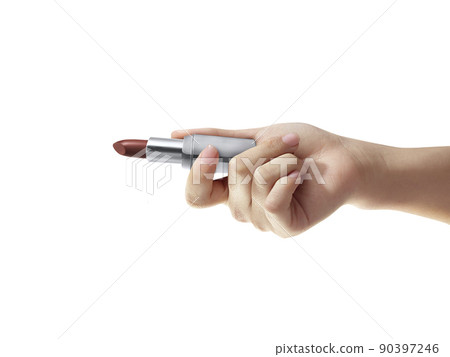 Woman holding lipstick on white background, closeup Woman holding lipstick on white background, closeup 90397246