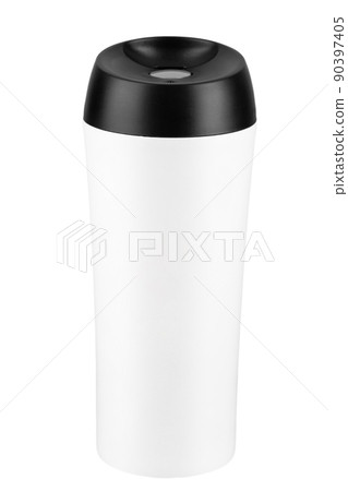 Thermo mug made of stainless steel, white, isolate on white. Bottle stainless- thermos. 90397405