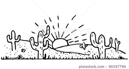 Desert landscape vector illustration. Hand drawn black and white line desert with cactus. Desert landscape vector illustration. Hand drawn black and white line desert with cactus. 90397790