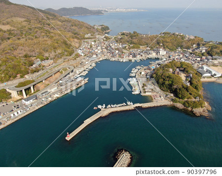 Aerial view of the harbor scenery of the cove of Murotsu fishing port Aerial view of the harbor scenery of the cove of Murotsu fishing port 90397796