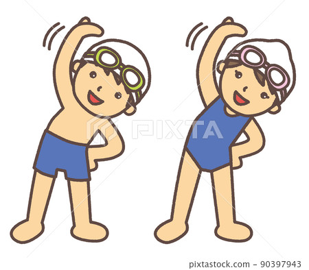 男孩和女孩在游泳前穿著學校泳衣做準備運動 男孩和女孩在游泳前穿著學校泳衣做準備運動 90397943