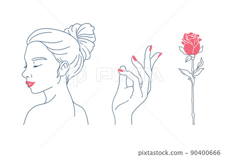 美容圖像插圖 女性形象，指甲油手指，玫瑰花 簡單的線條畫。 90400666