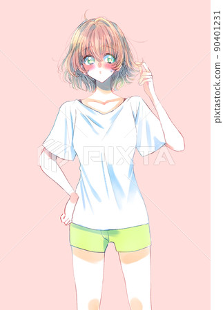 A woman with short sleeves and shorts turns red A woman with short sleeves and shorts turns red 90401231