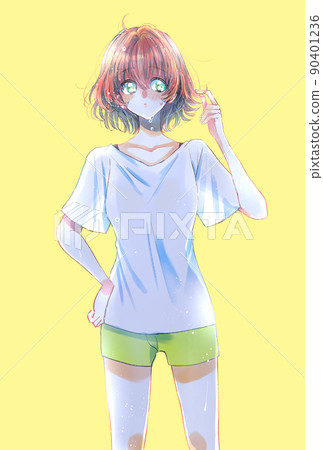 Women with short sleeves and shorts backlit water drops 90401236