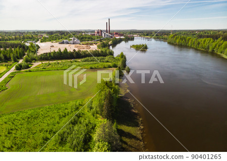Aerial panoramic view of place Myllykoski at river Kymijoki, Kouvola, Finland. Aerial panoramic view of place Myllykoski at river Kymijoki, Kouvola, Finland. 90401265