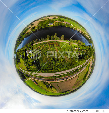 A three dimensional aerial panoramic view of river Kymijoki bank with beautiful wooden Rabbelugn Manor - Takamaan Kartano. A three dimensional aerial panoramic view of river Kymijoki bank with beautiful wooden Rabbelugn Manor - Takamaan Kartano. 90401316