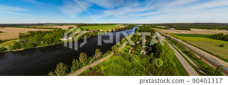 Aerial panoramic view of river Kymijoki bank with beautiful wooden Rabbelugn Manor - Takamaan Kartano. Aerial panoramic view of river Kymijoki bank with beautiful wooden Rabbelugn Manor - Takamaan Kartano. 90401317